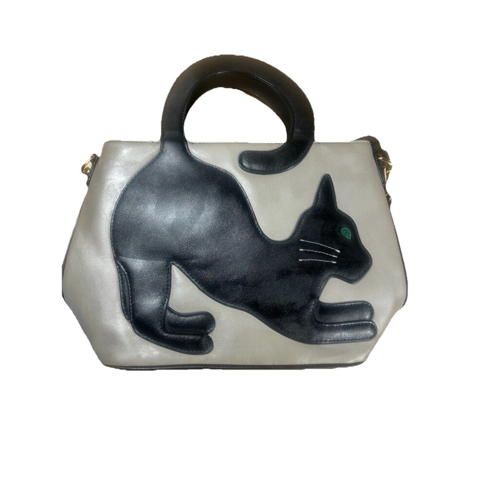 Brenic Silver Black Cat Applique Novelty Satchel Bag Crossbody